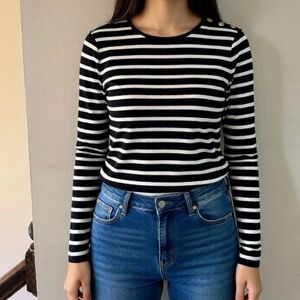Ralph Lauren Black and White Striped Long Sleeve Top with Gold accents